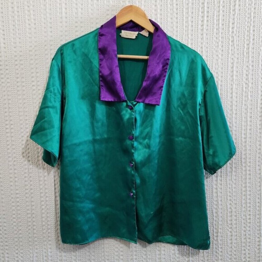 Victoria’s Secret Gold Label Vintage Satin Sleep Top Green Purple Collar Sz M